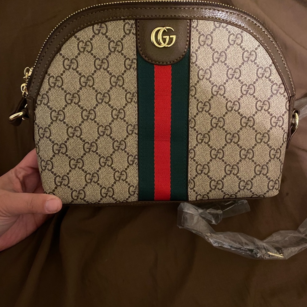 Gucci Beige GG Supreme Crossbody with Green and Red Web Stripe